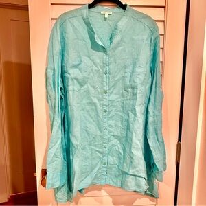 Eileen Fisher 100% Irish Linen Blouse Sz XL Aqua Loose Long Sleeves Top Shirt